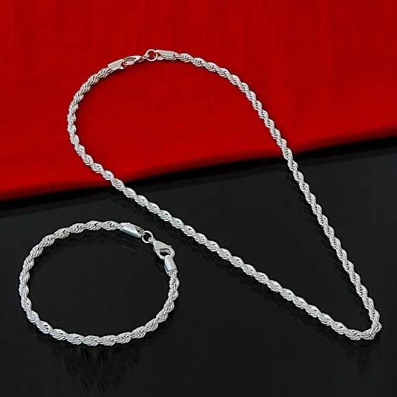 Sterling Silver Rope Chain Unisex Necklace Bracelet Matching Set - Picture 1 of 7